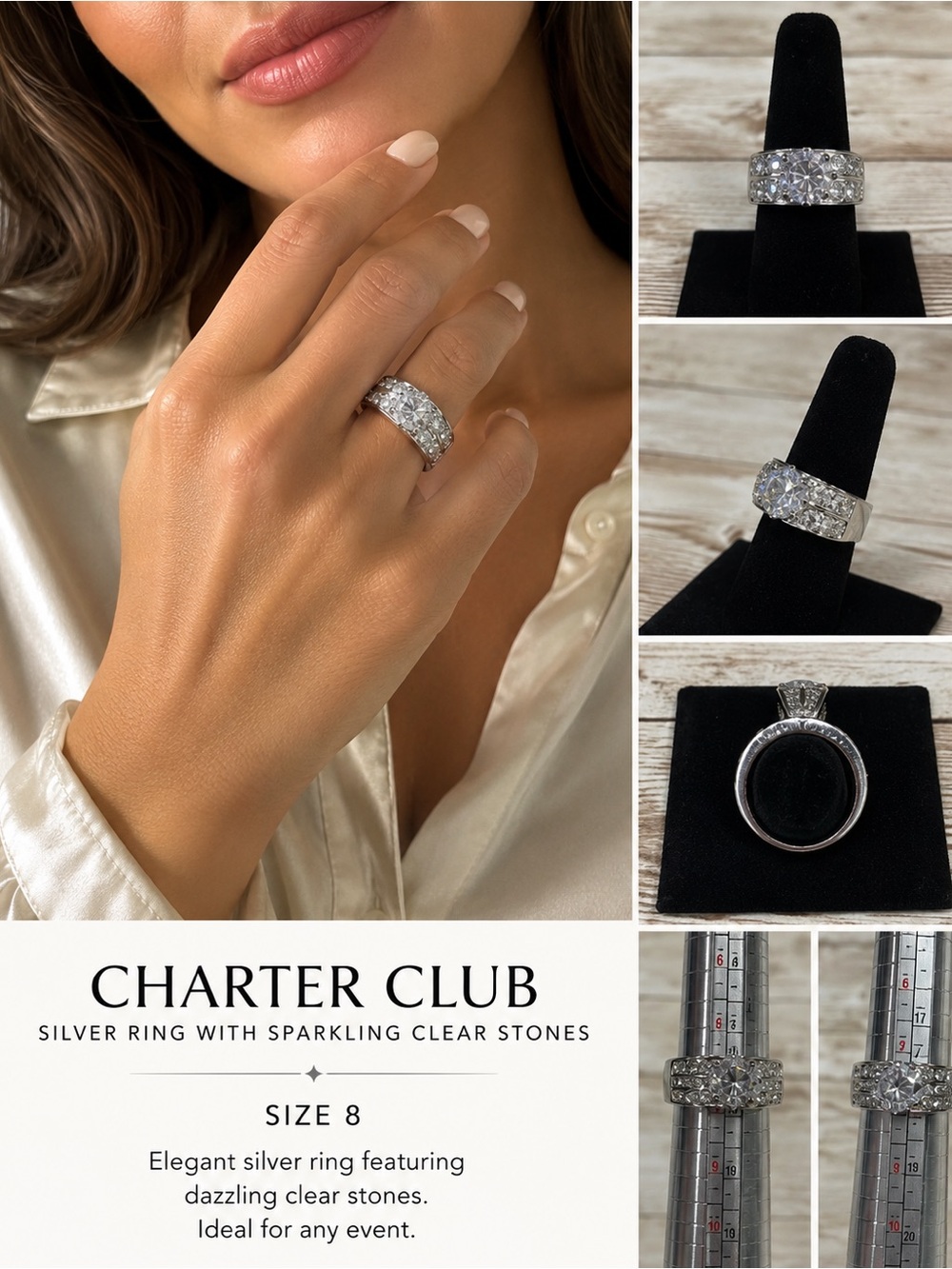 Charter Club Silver Ring with Sparkling Clear Stones‎ Size 8 NEW